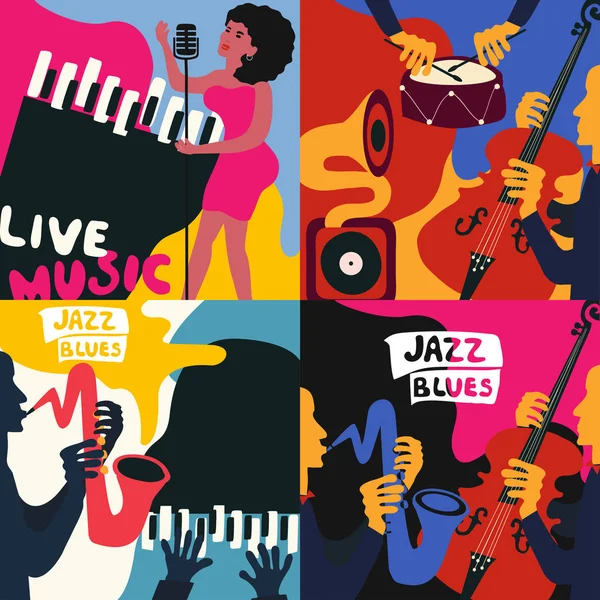 Set Four Templates Posters Jazz Blues Music Festival Flat Vector — Stock Vector