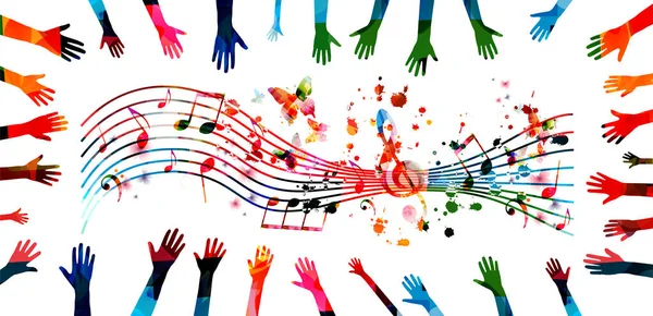 Fond Musical Coloré Avec Des Mains Humaines Levées Des Notes — Image vectorielle