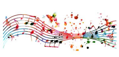 Müzik enstrümanları ve izole edilmiş vektör illüstrasyonlu renkli müzik tanıtım afişi. Müzik gösterisi, konser etkinlikleri, parti broşürü tasarım şablonu için sanatsal soyut arkaplan