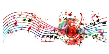 Müzik enstrümanları ve izole edilmiş vektör illüstrasyonlu renkli müzik tanıtım afişi. Müzik gösterisi, konser etkinlikleri, parti broşürü tasarım şablonu için sanatsal soyut arkaplan