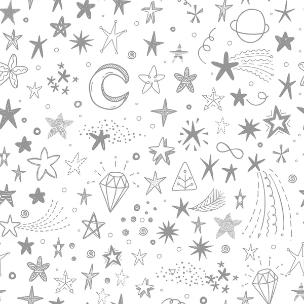 Mão desenhado doodle estrelas engraçadas, cometas e lua —  Vetores de Stock