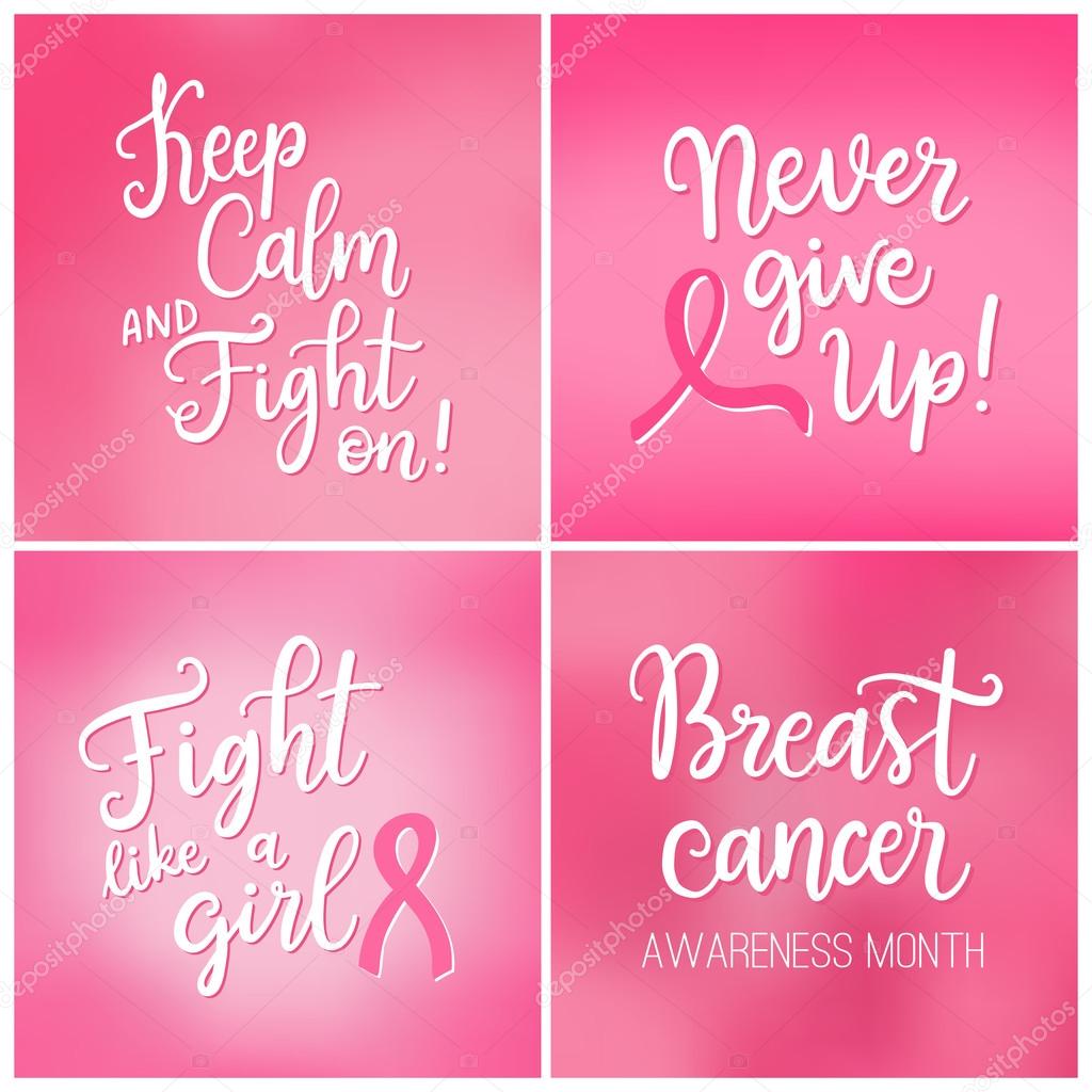 Breast cancer awareness month cards set with handwritten phrases and pink ribbons.