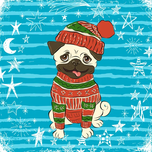 幸せな冬のパグ犬 — ストックベクタ