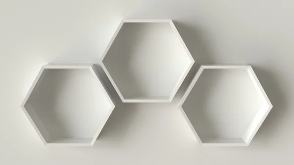 Estantes hexagonales blancos vacíos sobre fondo de pared de hormigón, representación 3D — Foto de Stock