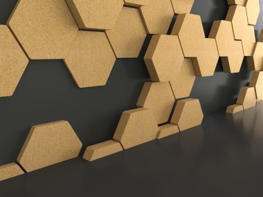 Karanlık duvar arka plan, 3d render üzerinde ahşap altıgenler desenli kat