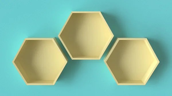 Prateleiras amarelas vazias dos hexágonos no fundo azul da parede de concreto, renderização 3D — Fotografia de Stock