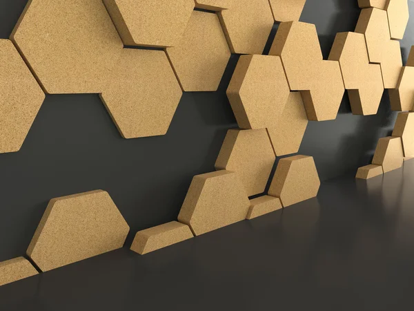 Pavimento con motivo esagoni in legno su sfondo scuro della parete, rendering 3D — Foto Stock