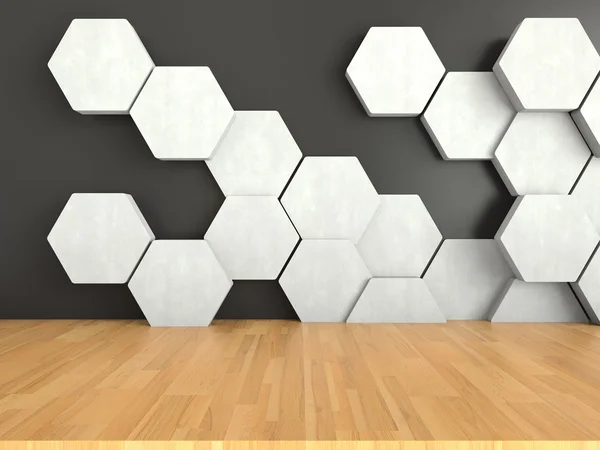 Sol en bois avec motif hexagonal blanc sur fond de mur sombre, rendu 3D — Photo