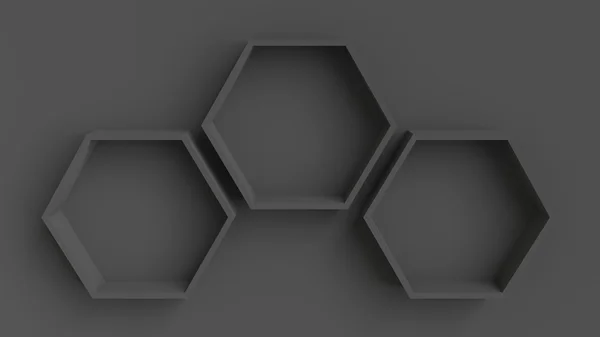 Empty dark hexagons shelves on dark wall background, 3D rendering — Stock Photo, Image