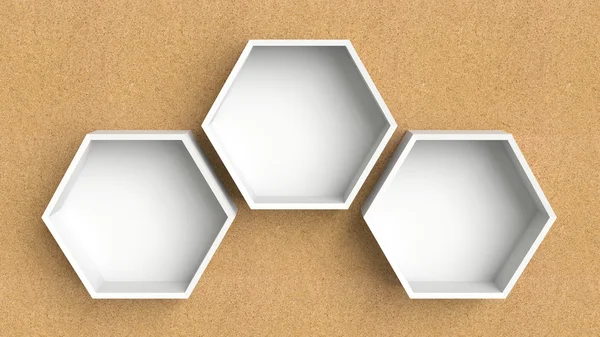 Prateleiras vazias de hexágonos brancos no fundo da parede de madeira, renderização 3D — Fotografia de Stock