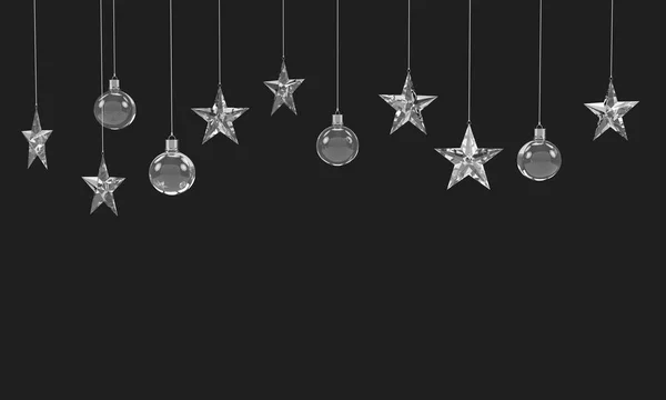 Hanging crystal balls and stars ornaments isolated on dark background.