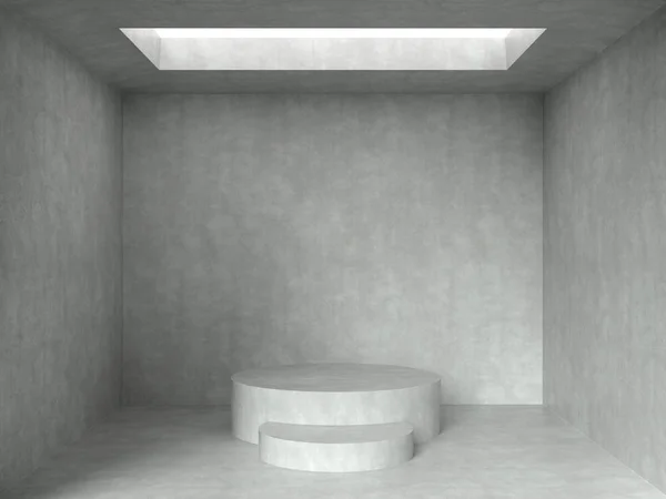 Podio vacío en la habitación de hormigón blanco con orificio de apertura en el fondo del techo . — Foto de Stock