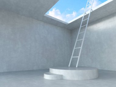 Merdiven beton Oda arka plan ile gökyüzü kadar podyumda.
