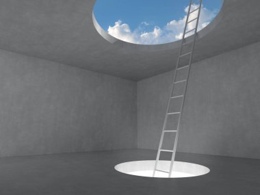 Beton odada gökyüzüne kadar katta ışık deliği uzaydan Merdiven. 