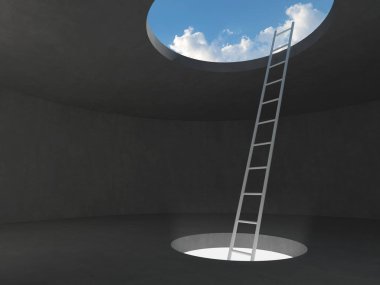 Karanlık beton odada gökyüzüne kadar katta ışık deliği uzaydan Merdiven. 
