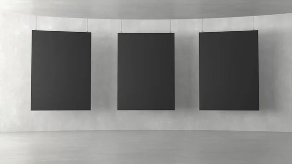 Interior moderno vacío de la galería de exposiciones con lienzo negro colgante. Renderizado 3D . —  Fotos de Stock