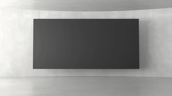 Interior moderno vacío de la galería de exposiciones con lienzo negro colgante. Renderizado 3D . —  Fotos de Stock