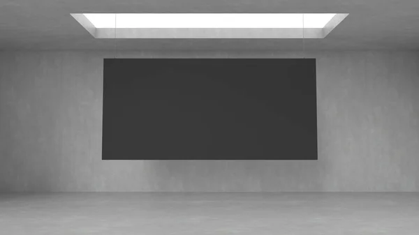 空の現代展ギャラリー インテリアと天井からの光と黒のキャンバスをぶら下げ. — ストック写真