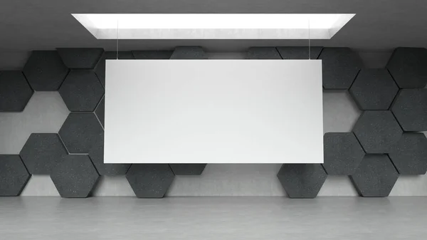 Interior moderno vacío de la galería de exposiciones con fondo de patrón hexagones y lienzo blanco colgante . —  Fotos de Stock