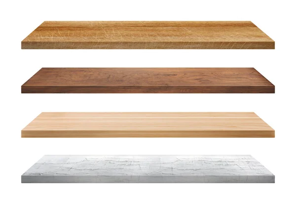 Scaffali in legno collezione isolata su sfondo bianco . — Foto Stock