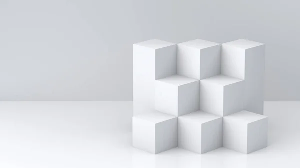 White cube boxes with white blank wall background for display. 3D rendering. — Stock Photo, Image