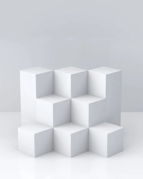 Cajas de cubo blanco con fondo de pared blanco para mostrar. Renderizado 3D . —  Fotos de Stock
