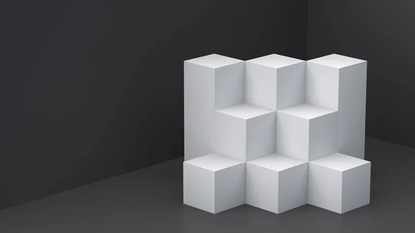 Cajas de cubo blanco con fondo de pared en blanco oscuro para mostrar. Renderizado 3D . —  Fotos de Stock