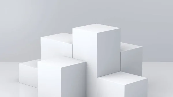 White cube boxes with white blank wall background for display. 3D rendering. — Stock Photo, Image