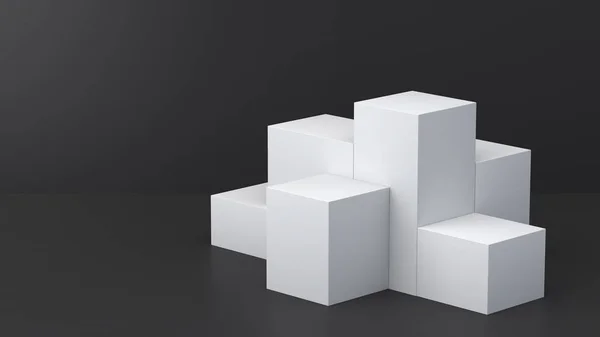 디스플레이 대 한 빈 벽에 어두운 배경 흰색 큐브 상자. 3 차원 렌더링. — 스톡 사진
