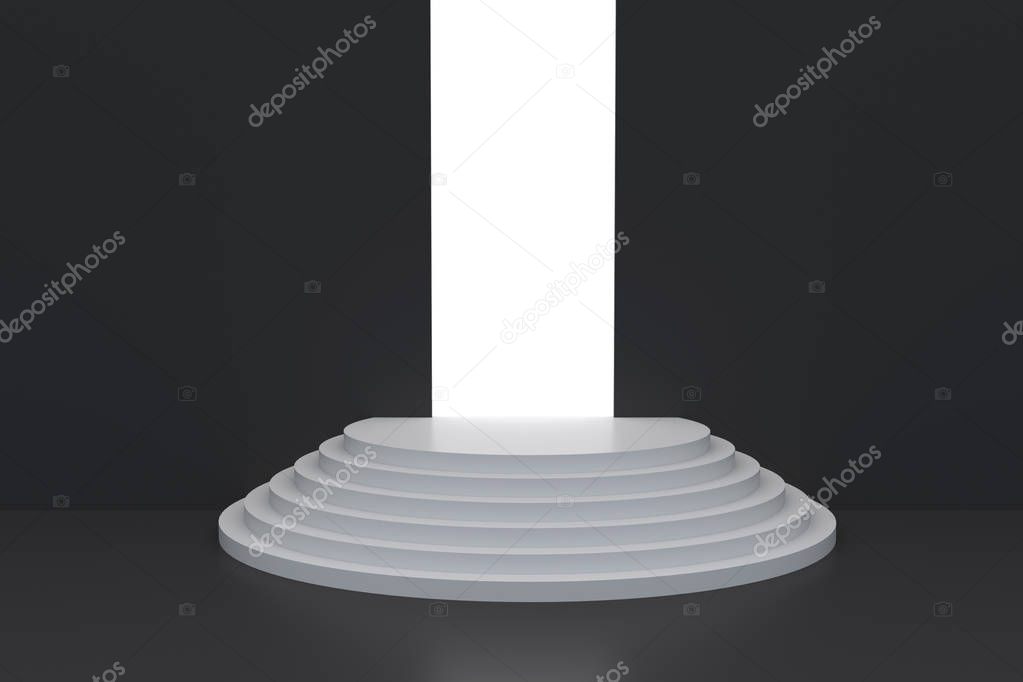 Empty podium with bright light from exit way. 3D rendering.