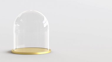 Cam kubbe ile beyaz zemin üzerine altın tepsi. 3D render.