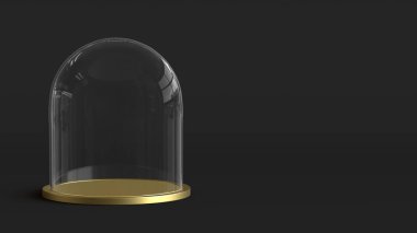 Cam kubbe koyu zemin üzerine altın tepsi ile. 3D render.
