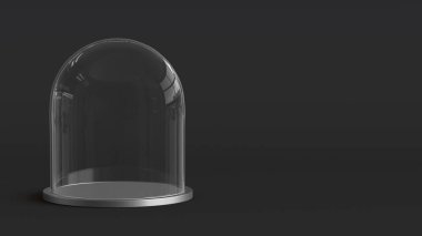 Cam kubbe koyu arka plan üzerinde gümüş tepsi ile. 3D render.