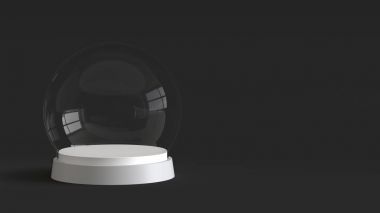 Boş cam kartopu koyu arka plan üzerinde beyaz tepsi ile. 3D render.