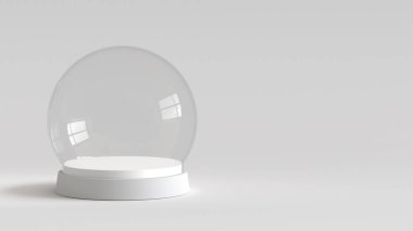 Boş cam kartopu beyaz arka plan üzerinde beyaz tepsi ile. 3D render.