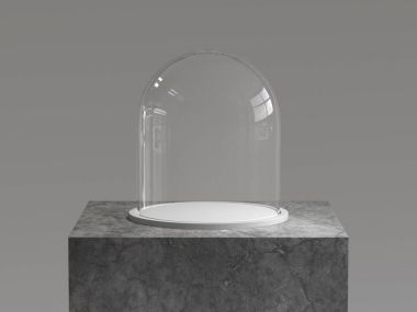 Boş cam kubbe ile beton podyumda beyaz tepsi. 3D render.
