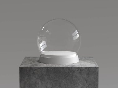 Boş cam kartopu beton podyumda beyaz tepsi ile. 3D render.