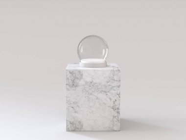 Boş cam kartopu beyaz mermer podyumda beyaz tepsi ile. 3D render.