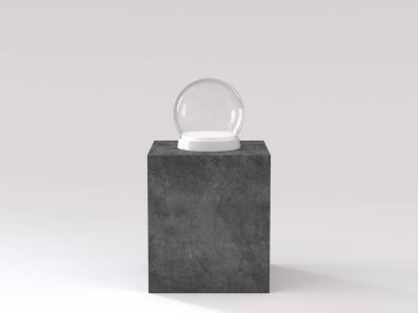 Boş cam kartopu karanlık beton podyumda beyaz tepsi ile. 3D render.