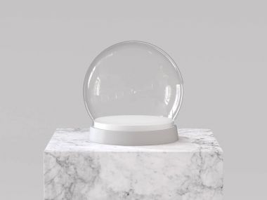 Boş cam kartopu beyaz mermer podyumda beyaz tepsi ile. 3D render.