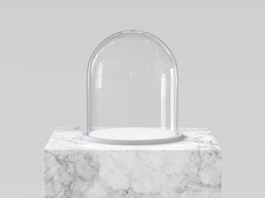 Boş cam kubbe ile beyaz mermer podyumda beyaz tepsi. 3D render.