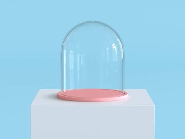 Pastel mavi arka plan ile beyaz podyum üzerinde pastel pembe tepsisi boş cam kubbe. Çocuk Tema. 3D render.