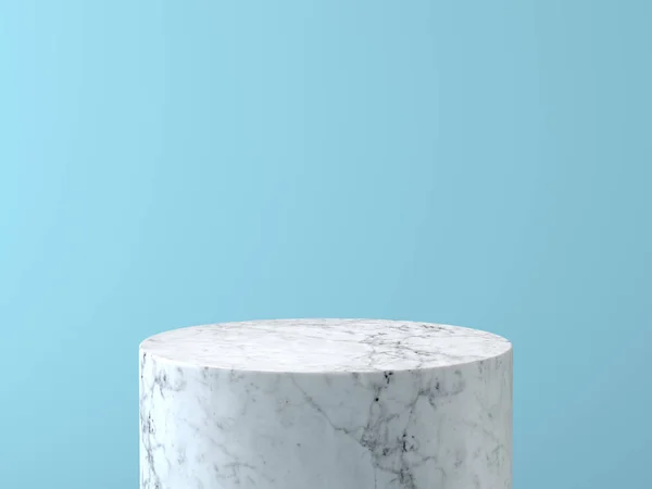 Podio vuoto in marmo bianco su sfondo blu pastello. Rendering 3D . — Foto Stock
