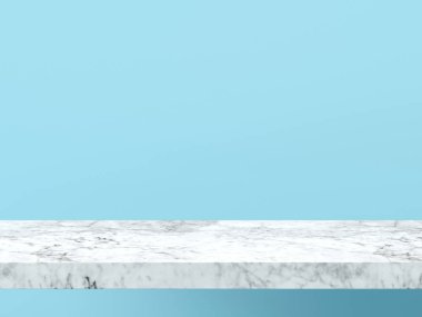 Boş beyaz mermer rafta pastel mavi duvar arka plan. 3D render.