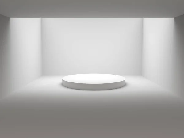 Lege witte winnaars podium in witte kamer met licht aan plafond. 3D-rendering. — Stockfoto