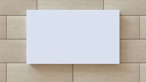 Λευκό κενό καμβά σε ξύλινο μοτίβο τοίχος φόντο. 3D rendering. — Φωτογραφία Αρχείου