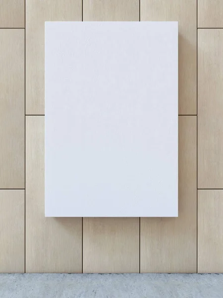 Bianco tela bianca su parete modello legno con sfondo pavimento di cemento. Rendering 3D . — Foto Stock