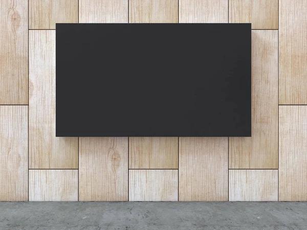 Μαύρο κενό καμβά σε ξύλινο μοτίβο τοίχο με φόντο τσιμεντένιο πάτωμα. 3D rendering. — Φωτογραφία Αρχείου