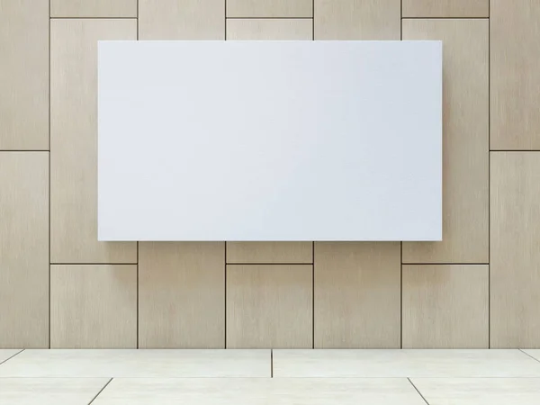 Blanco lienzo en blanco sobre fondo de pared patrón de madera. Renderizado 3D . —  Fotos de Stock
