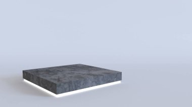 Neon beyaz arka plan üzerinde parlayan ışık ile boş beton podyum. 3D render.